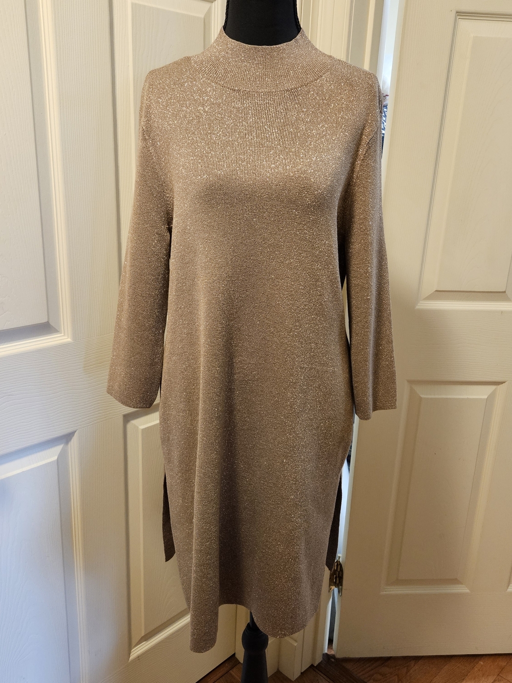 Chico's Travelers Metallic Knit Turtleneck Dress Tan Gold Size 1 Medium NWT